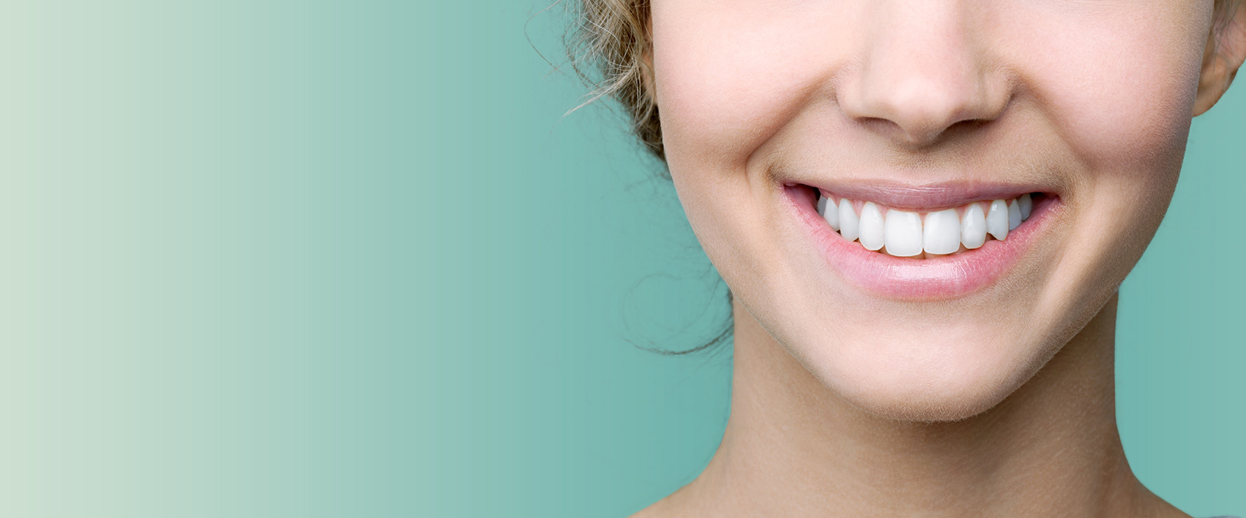 The image features a close-up of a person s face with a neutral expression, set against a gradient background transitioning from blue at the top to green at the bottom.